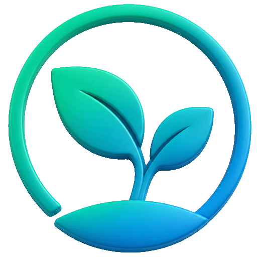 Ein stilisiertes grün-blaues Symbol, das zwei aus der Erde wachsende Blätter darstellt, umrahmt von einem teilkreisförmigen Umriss auf weißem Hintergrund.